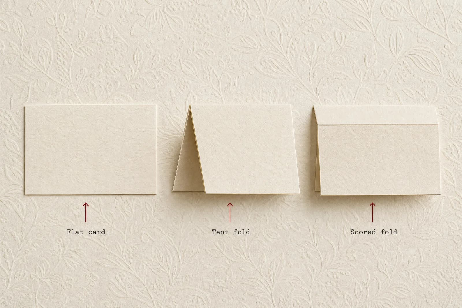 Three place cards showing a flat card, a tent fold and a scored fold side by side