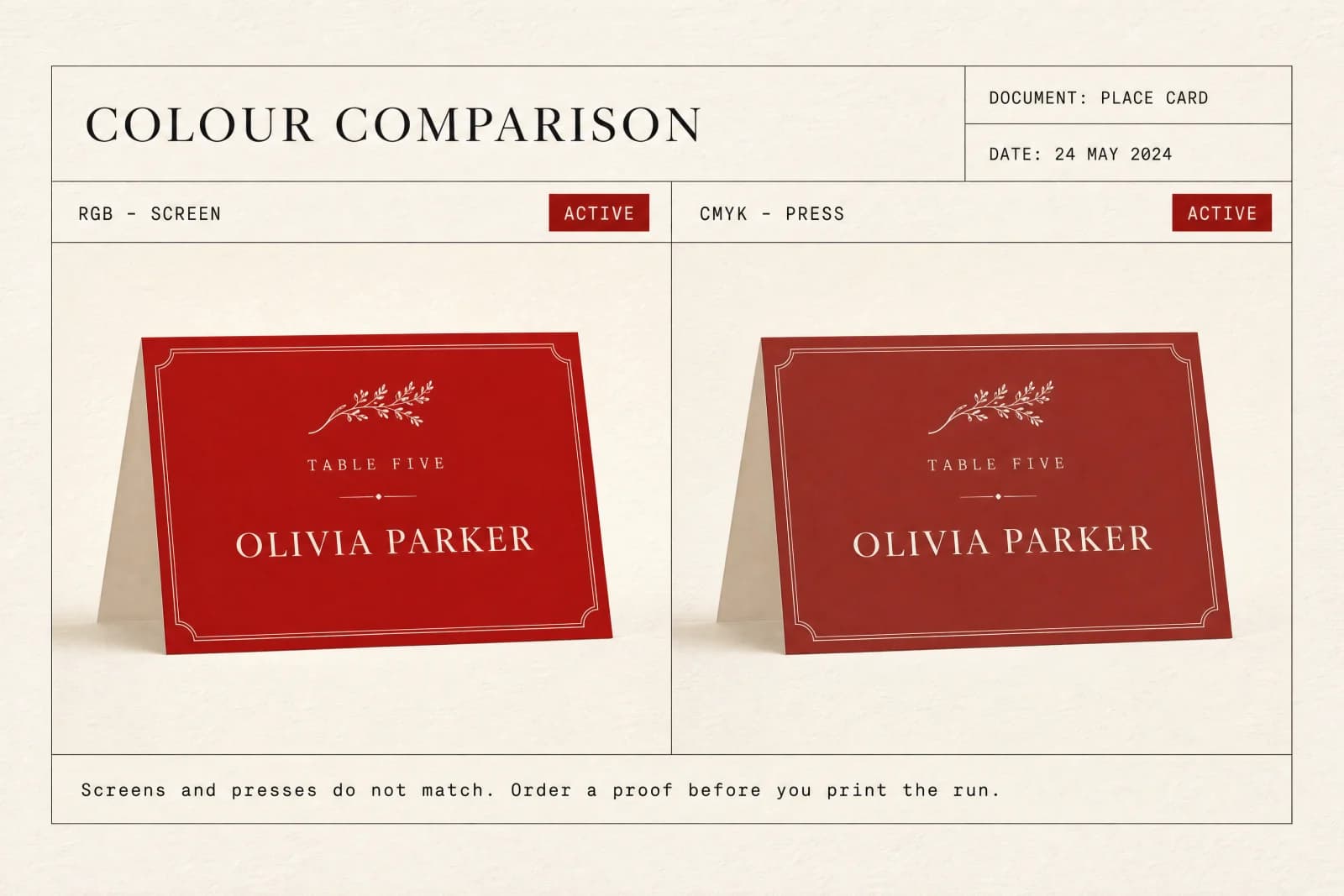 An RGB screen preview and a CMYK press preview of the same card shown side by side with visibly different reds