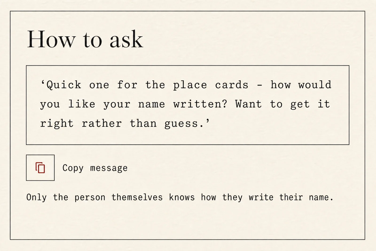 A panel showing a copyable message asking a guest how they would like their name written