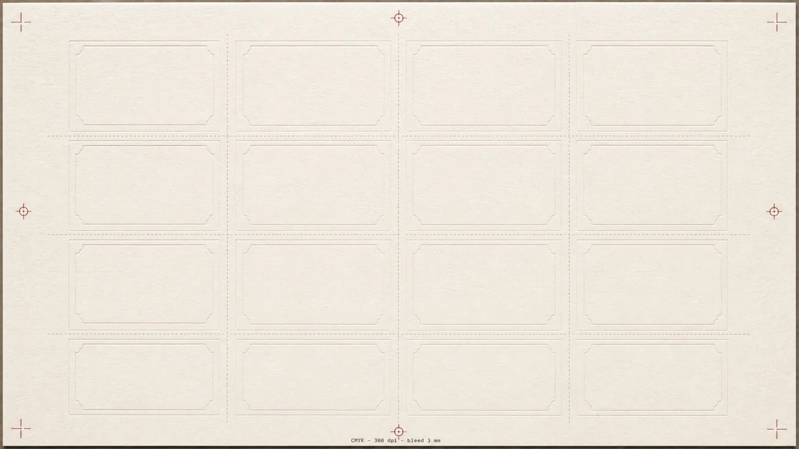 A printer's imposition sheet of sixteen blank place cards with crop marks and registration targets