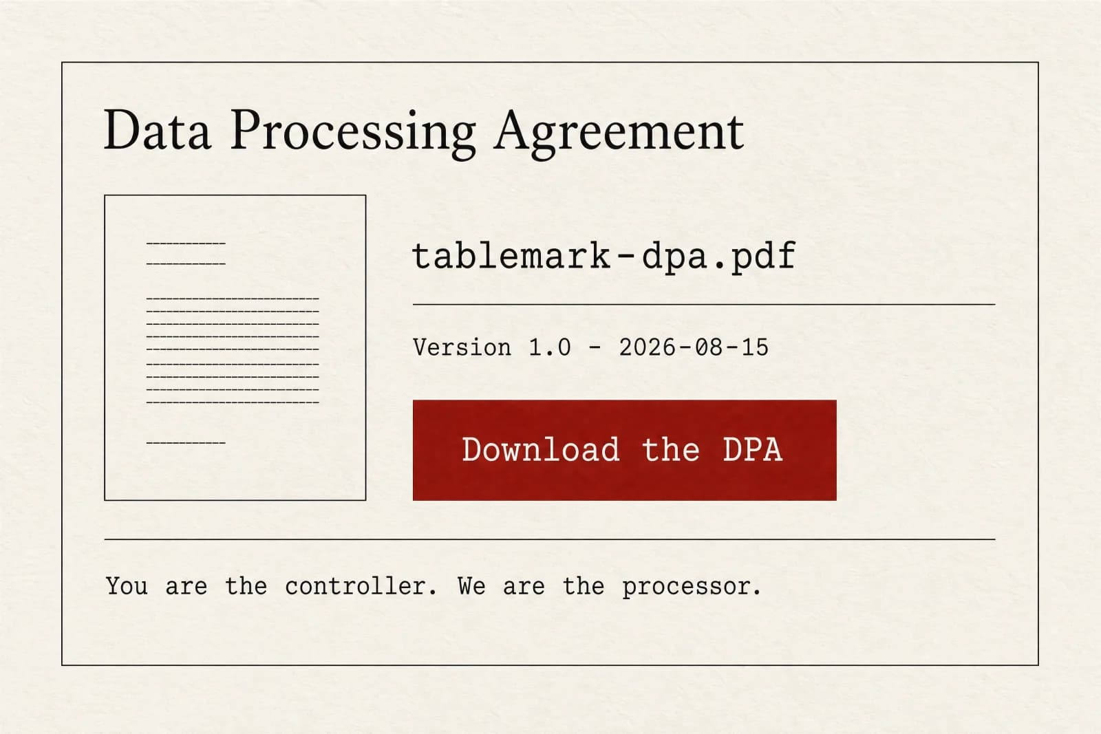 A document panel showing the DPA file with its version and a download control