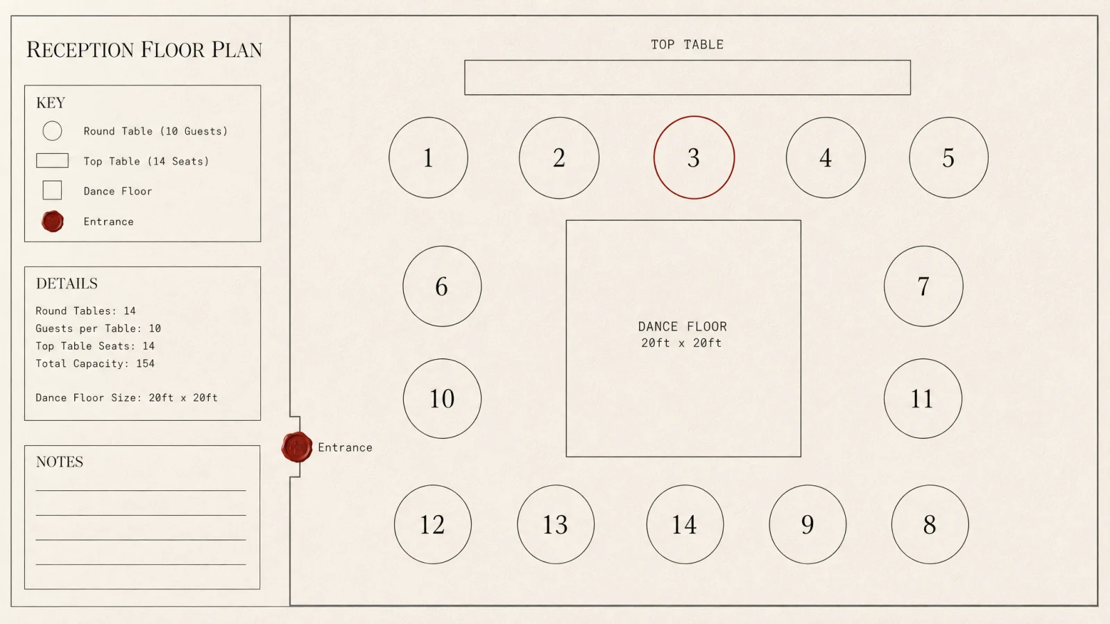 A top-down floor plan drawing of a reception room with numbered round tables and a marked entrance